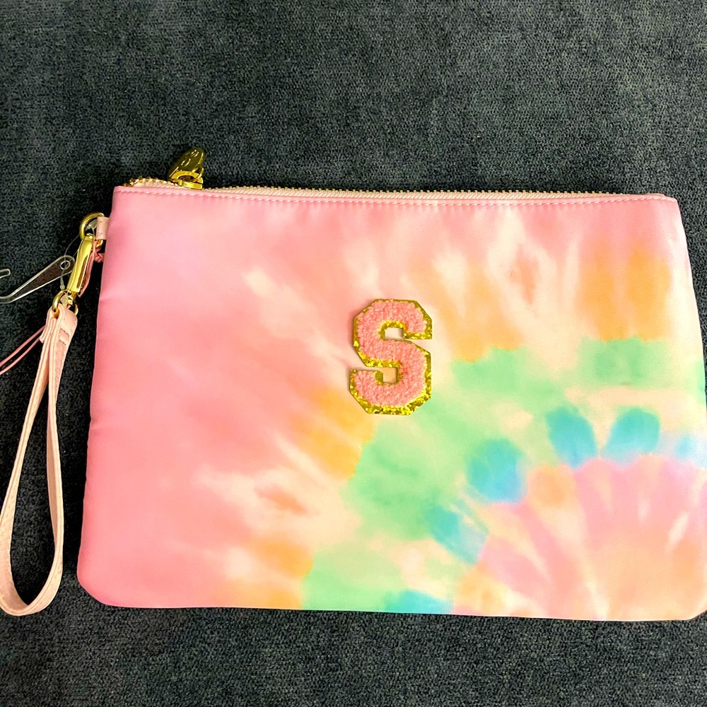 Initial S Stoney clover lane rainbow wristlet pouch with pink and gold patch